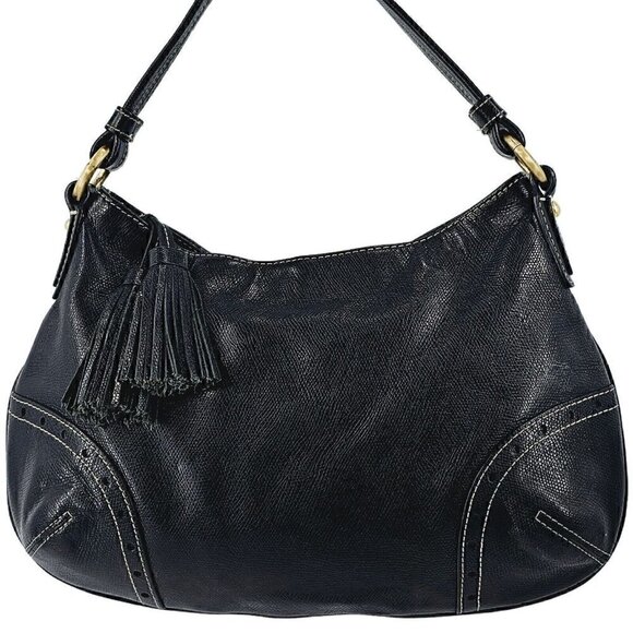 TALBOTS Black Glazed Textured Leather Hobo Shoulder Bag Silver Hardware Tassel - Picture 1 of 14